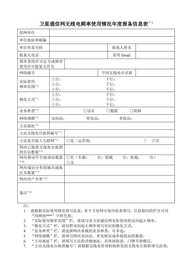 卫星通信网无线电频率使用情况年度报备信息表注1