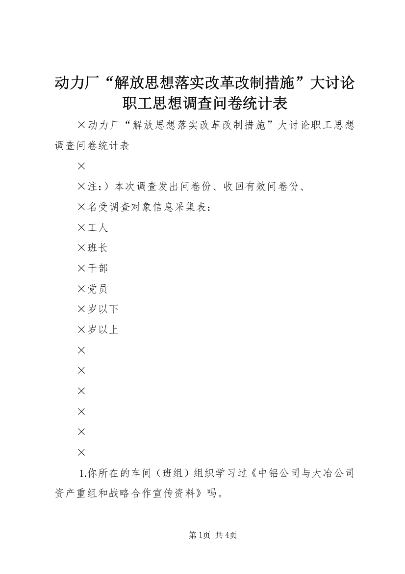 动力厂“解放思想落实改革改制措施”大讨论职工思想调查问卷统计表