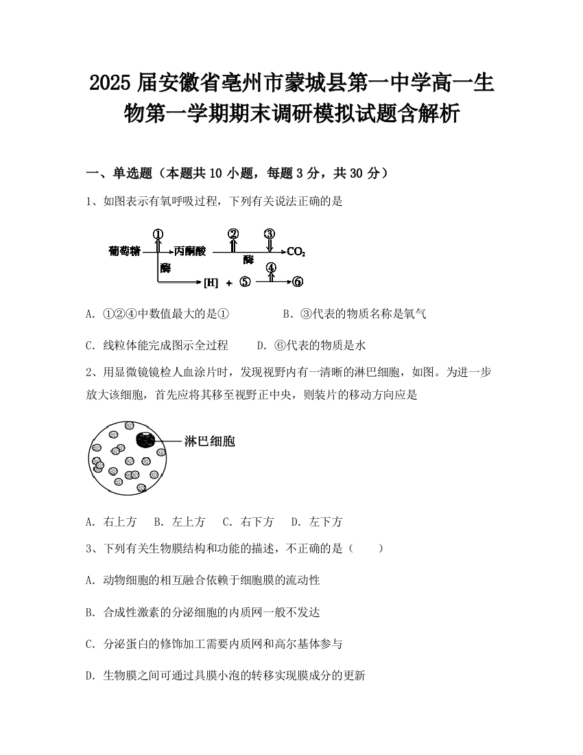 2025届安徽省亳州市蒙城县第一中学高一生物第一学期期末调研模拟试题含解析