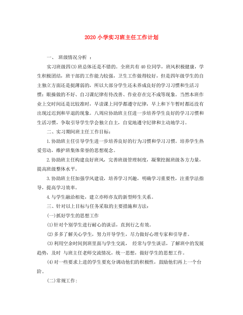 精编之小学实习班主任工作计划