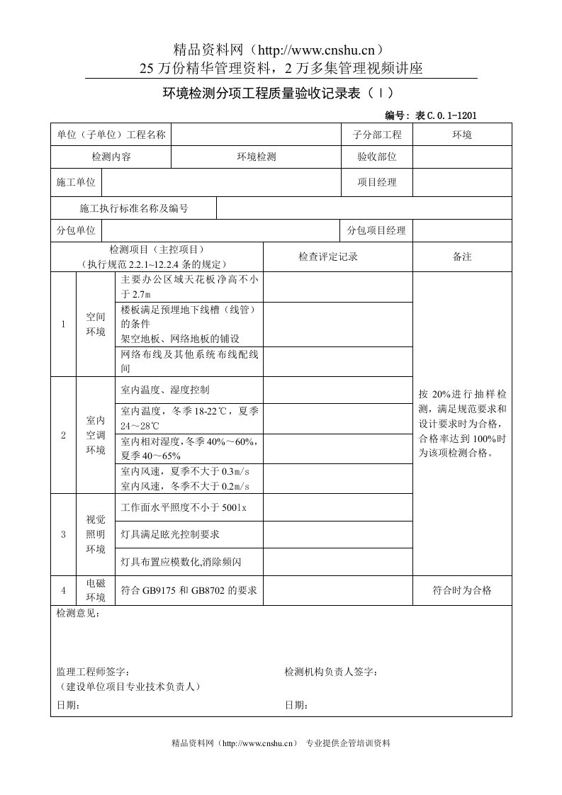 环境检测分项工程质量验收记录表（Ⅰ）