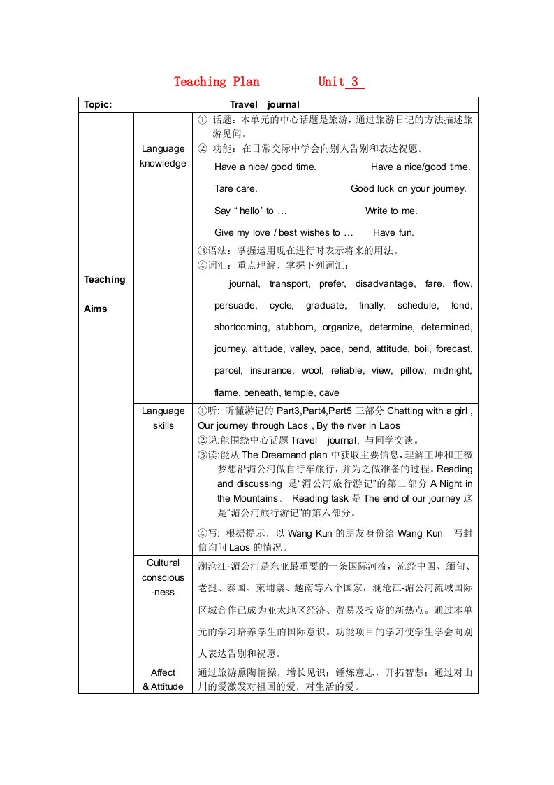 高一英语通案U3Traveljournal教案新人教版必修1