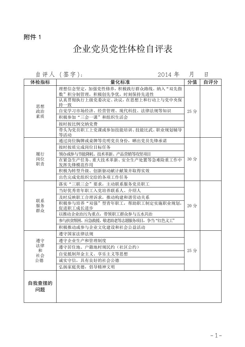 企业党员党性体检自评表