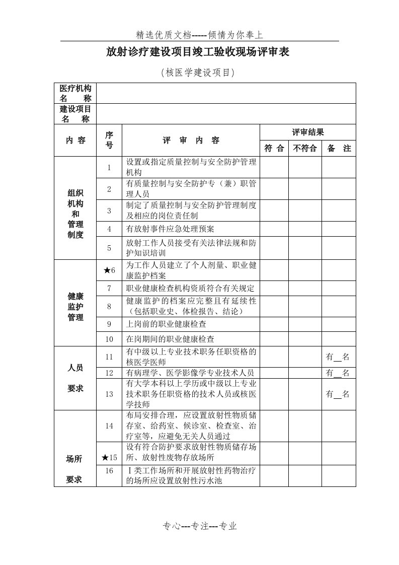 放射诊疗建设项目竣工验收现场评审表(核医学)(共3页)