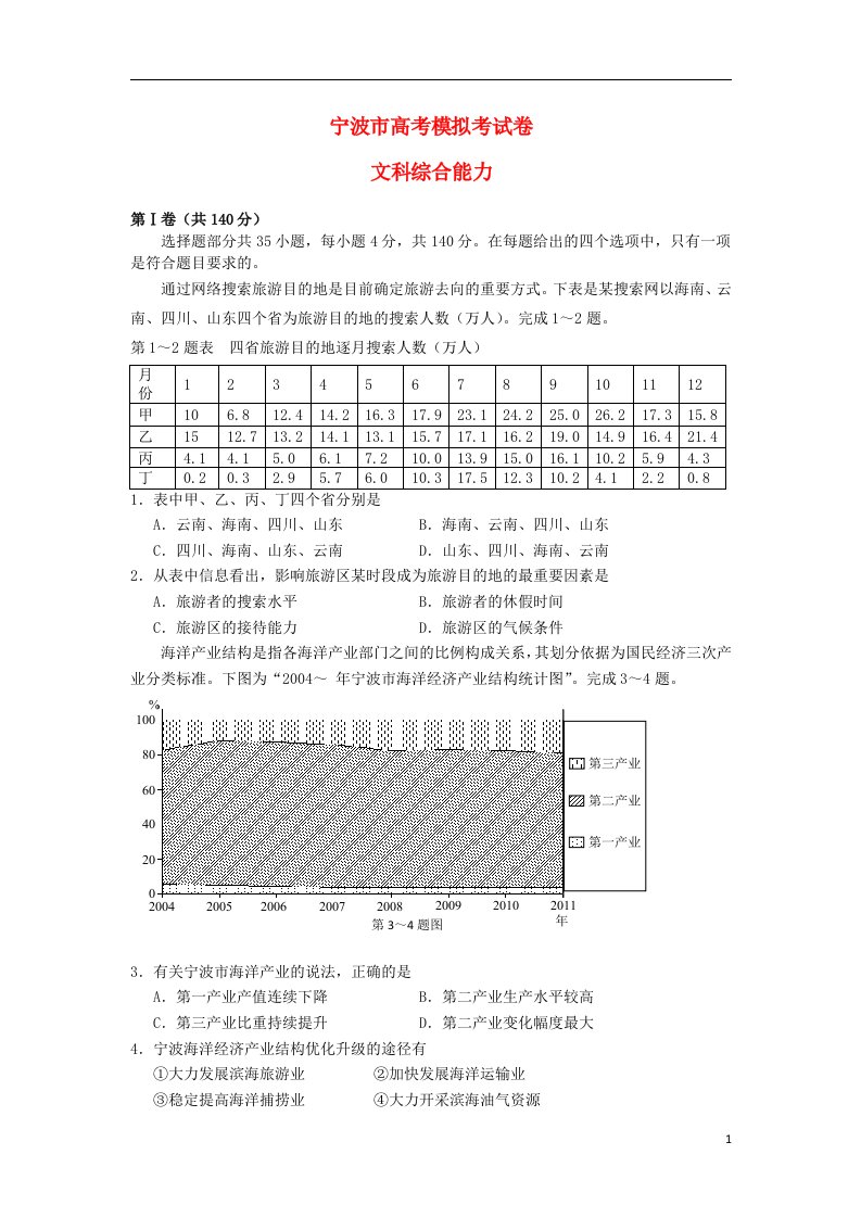 浙江省宁波市高三文综第二次模拟试题（宁波二模）