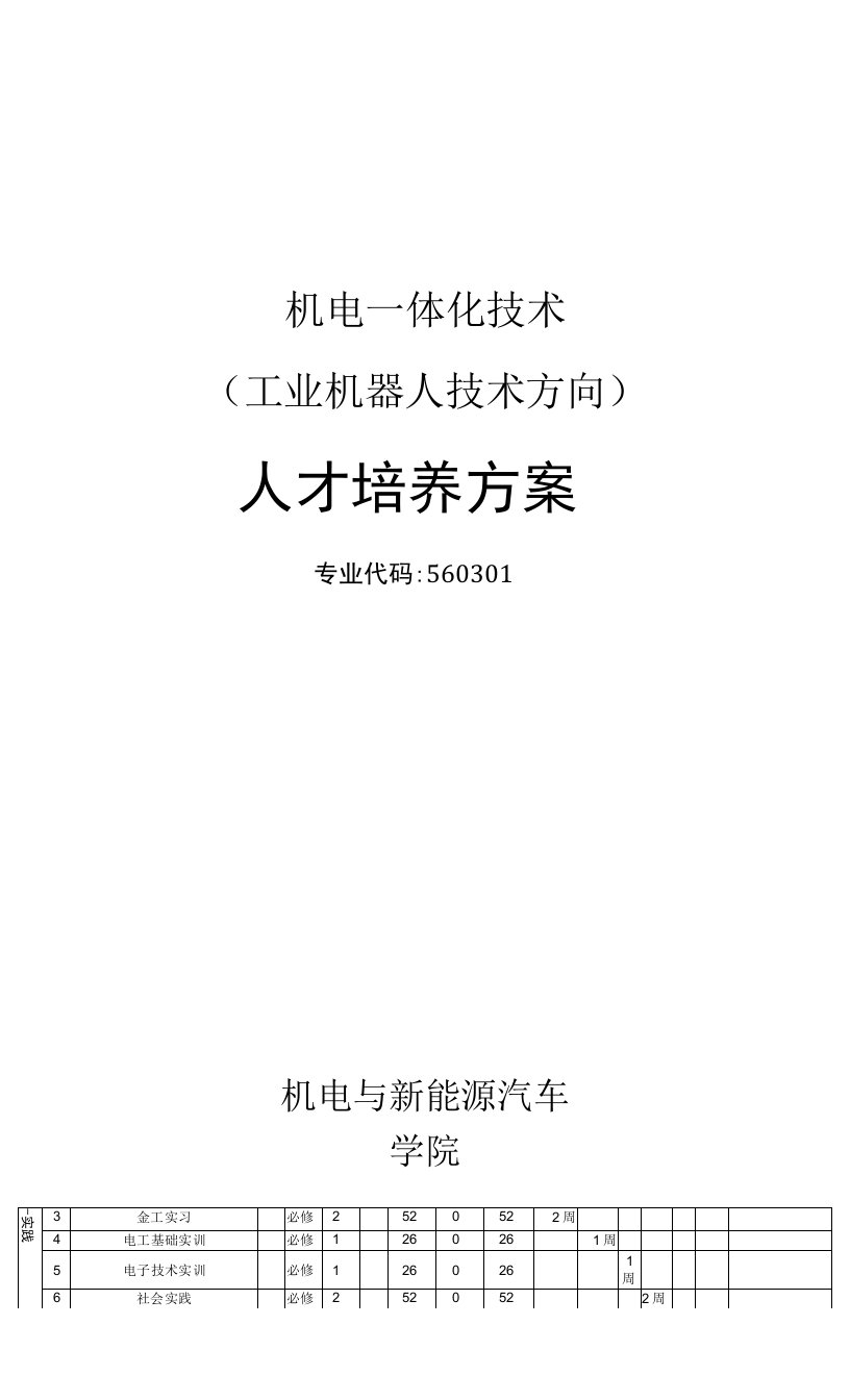 三年制机电一体化技术(工业机器人技术方向)专业人才培养方案(高职)