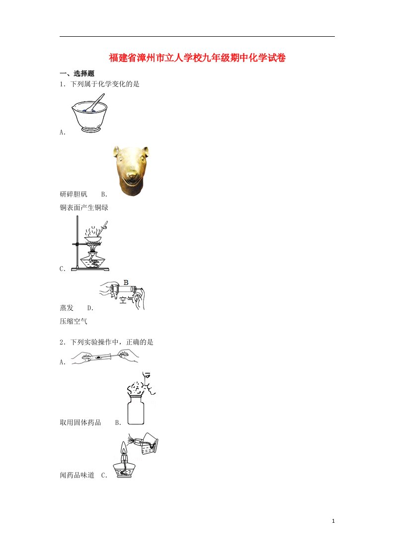 福建省漳州市立人学校九级化学上学期期中试题