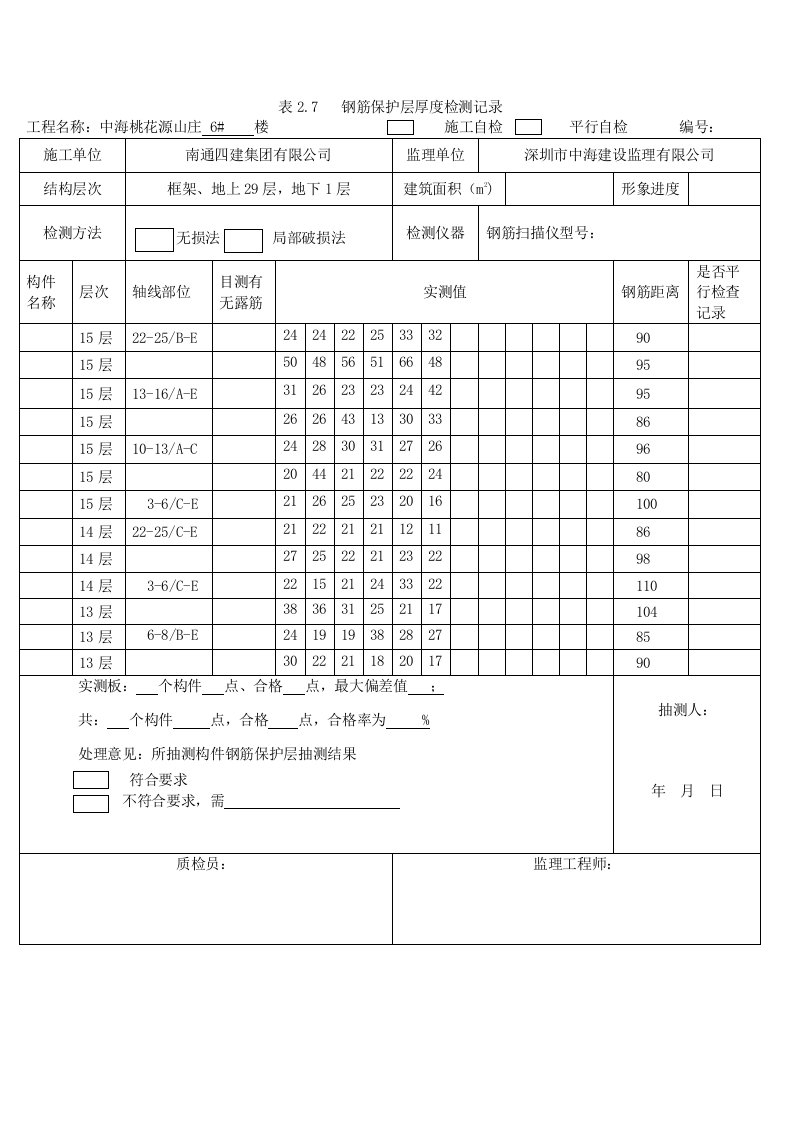 钢筋保护层厚度检测记录