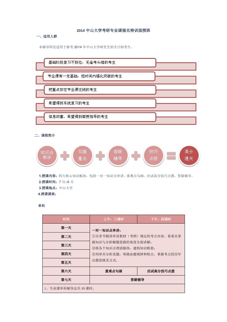 中山大学考研专业课强化特训面授班