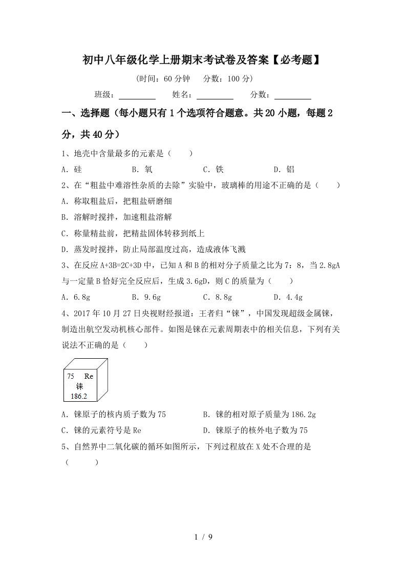 初中八年级化学上册期末考试卷及答案必考题