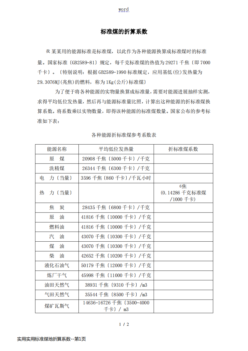 实用实用标准煤地折算系数