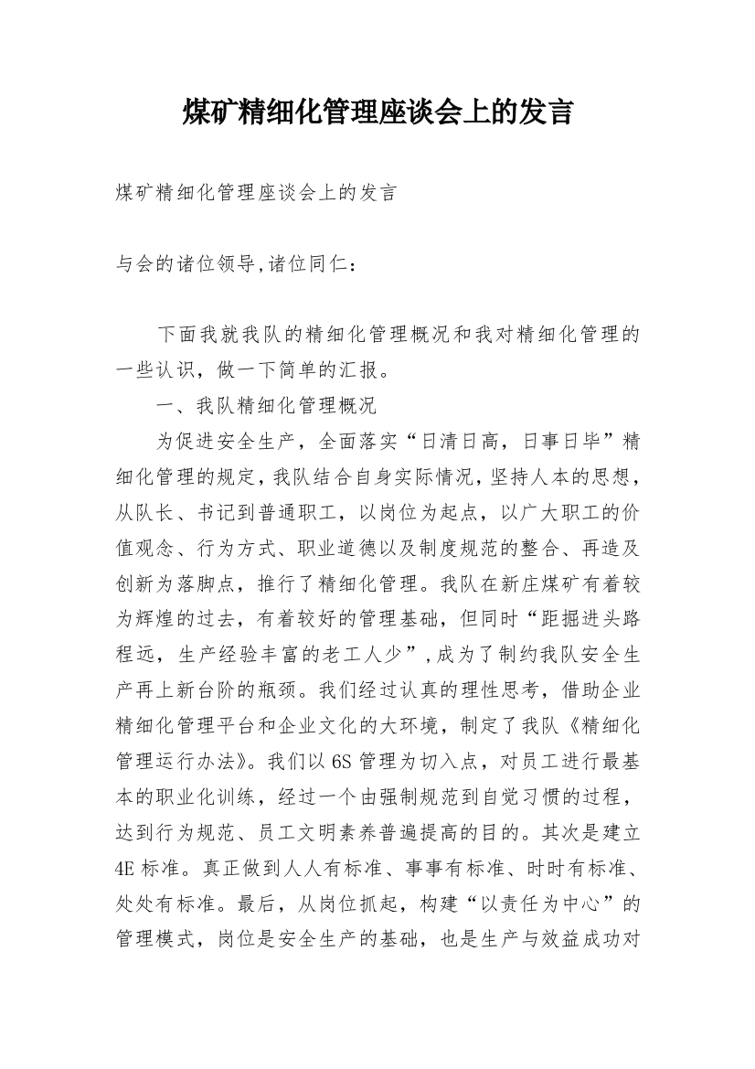 煤矿精细化管理座谈会上的发言