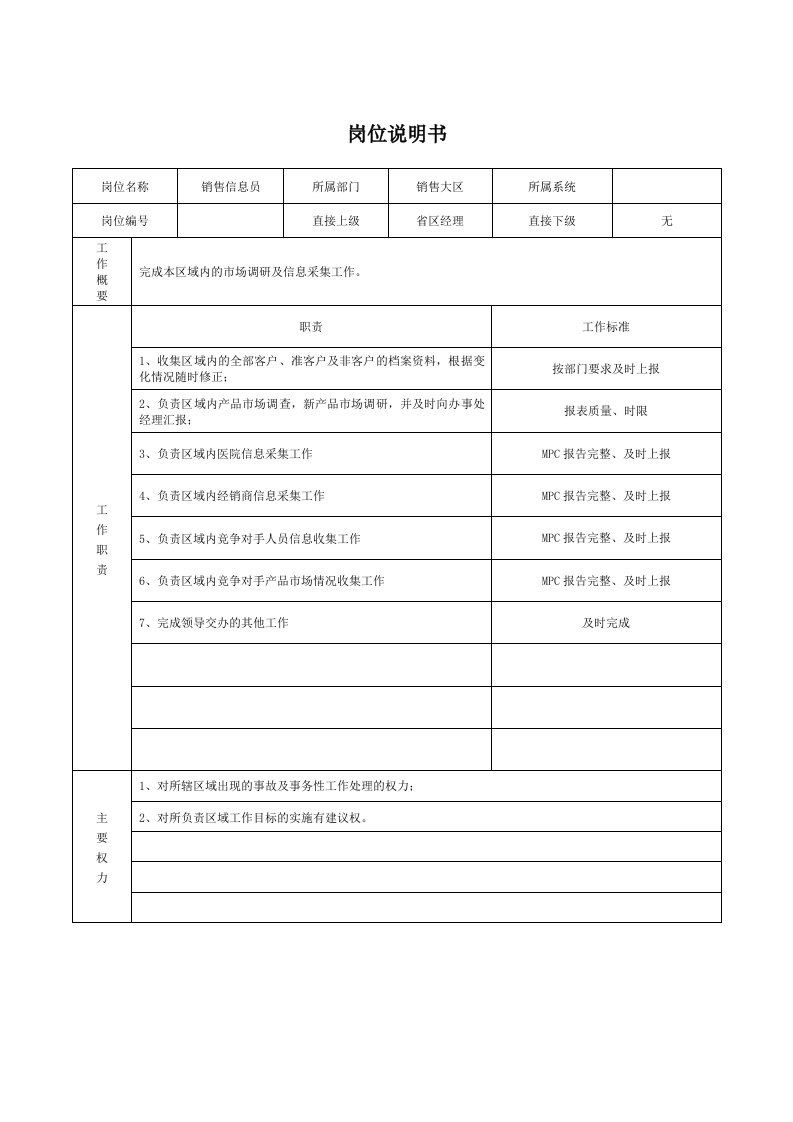 销售信息员岗位说明书