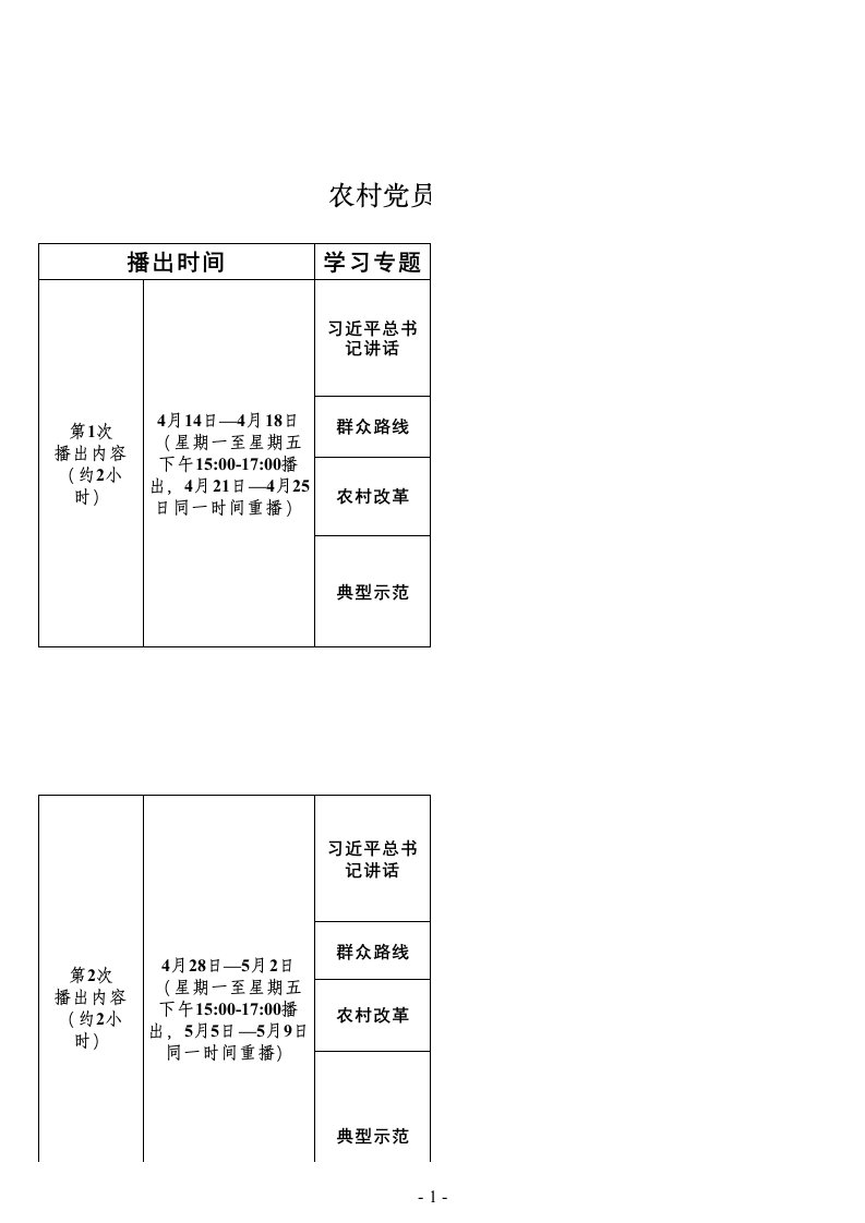 农村党员党的群众路线主题学习培训课程安排表