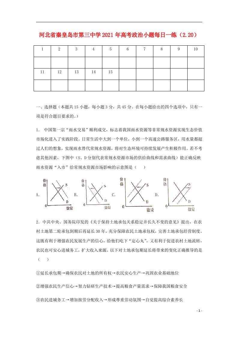 河北省秦皇岛市第三中学2021年高考政治小题每日一练2.20