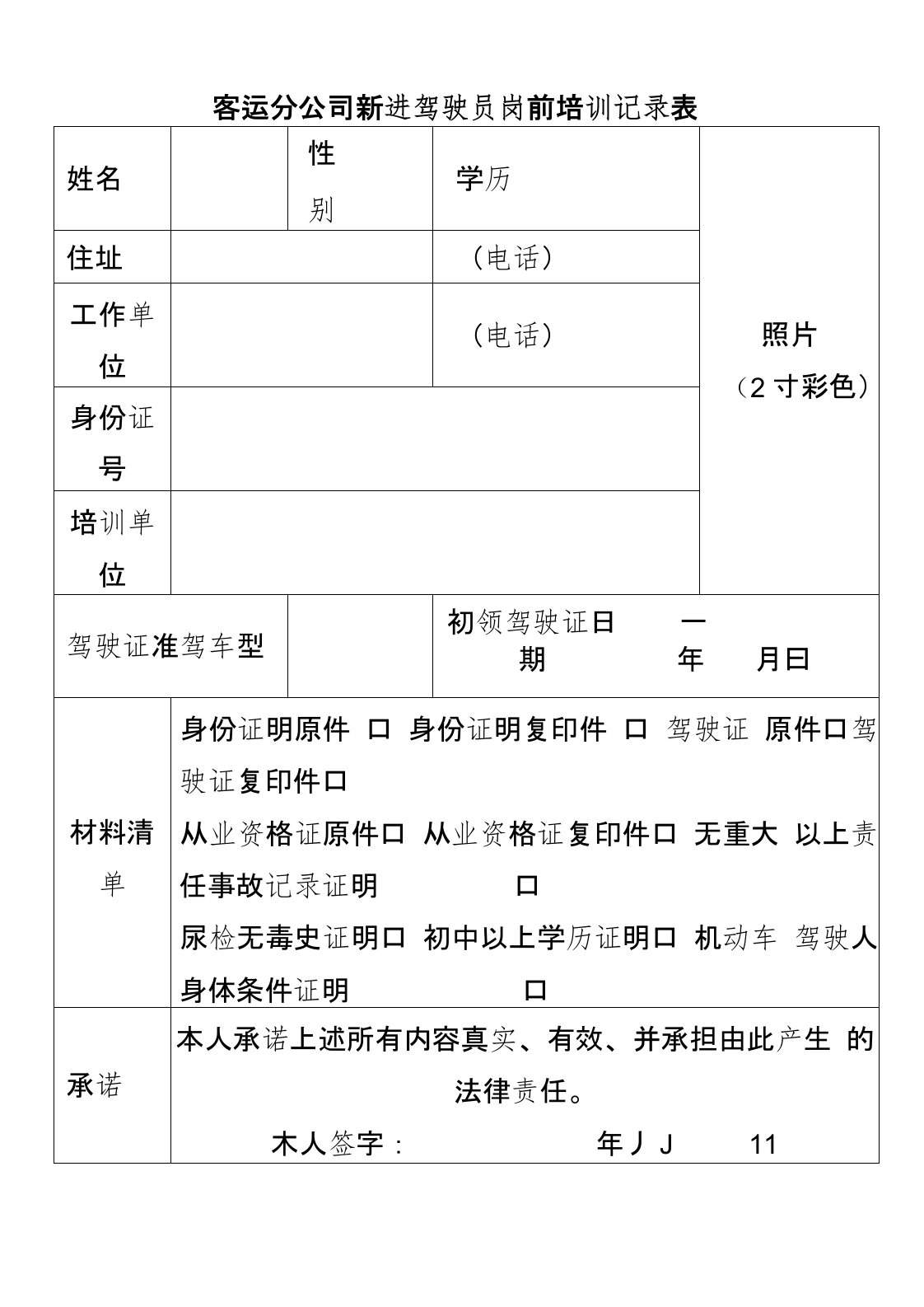 道路运输企业新进驾驶员岗前培训记录表