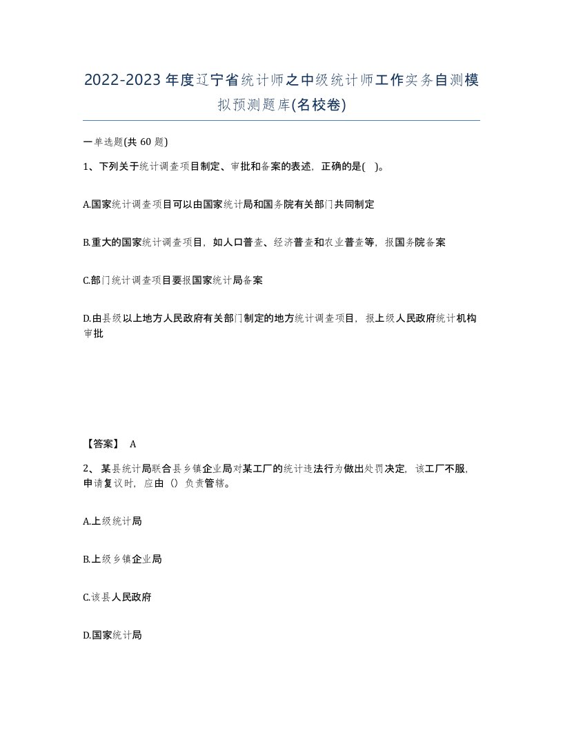 2022-2023年度辽宁省统计师之中级统计师工作实务自测模拟预测题库名校卷