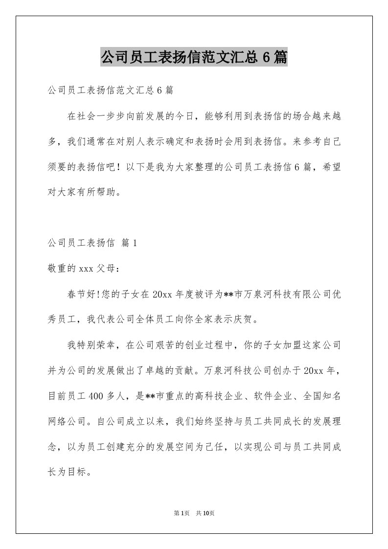 公司员工表扬信范文汇总6篇