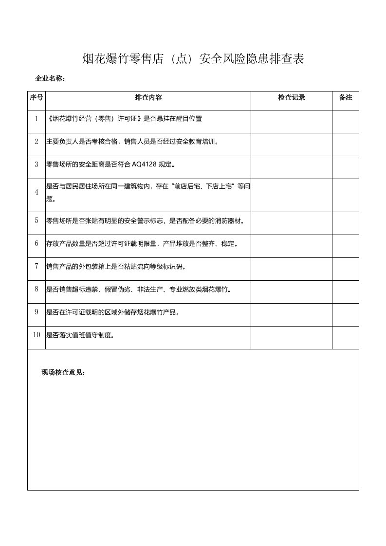 烟花爆竹零售店点安全风险隐患排查表