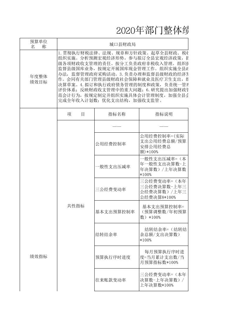 县财政局2020年部门整体绩效目标表