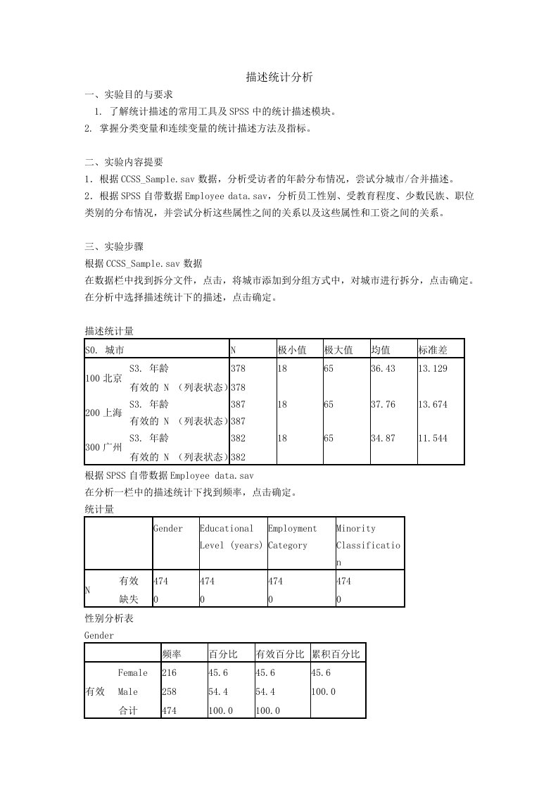 管理同学SPSS描述统计分析实验报告