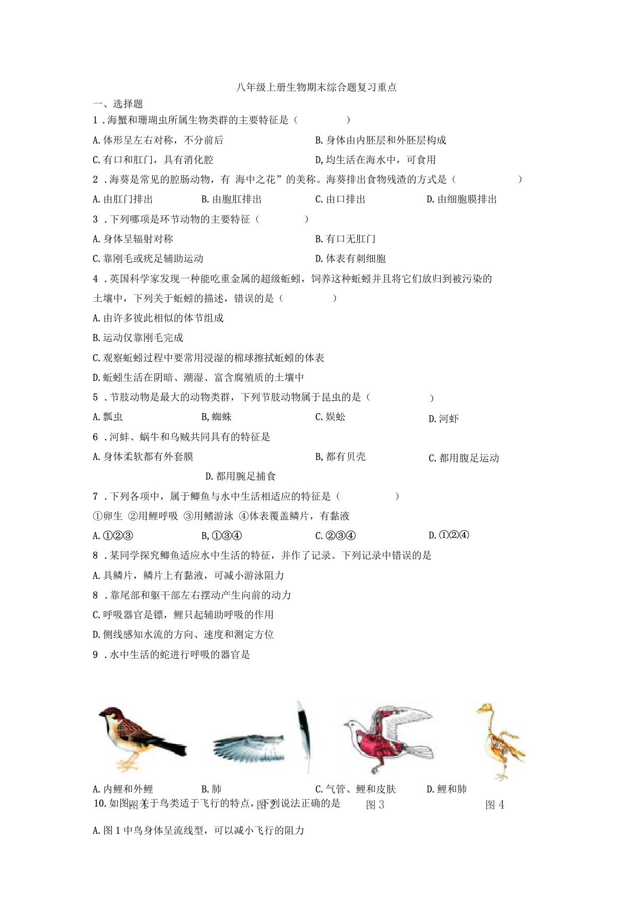 八年级上册生物期末综合题复习重点