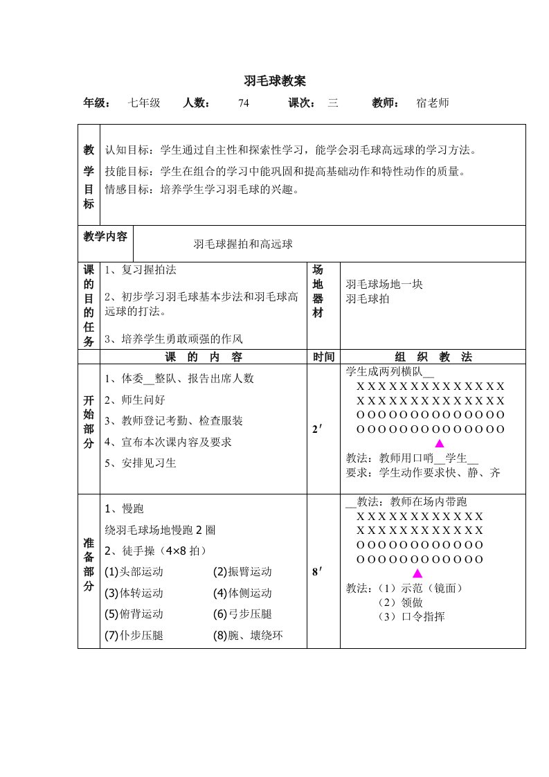 初中羽毛球课教案