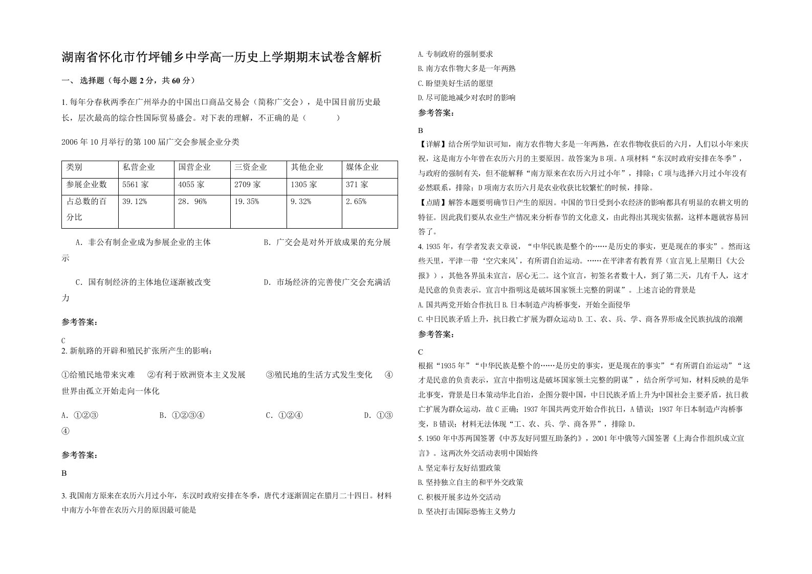 湖南省怀化市竹坪铺乡中学高一历史上学期期末试卷含解析