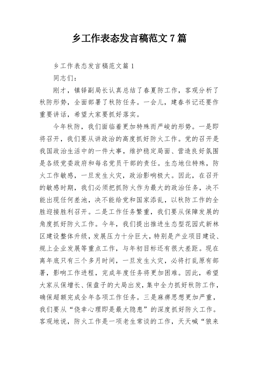 乡工作表态发言稿范文7篇