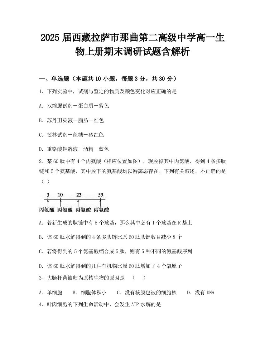 2025届西藏拉萨市那曲第二高级中学高一生物上册期末调研试题含解析