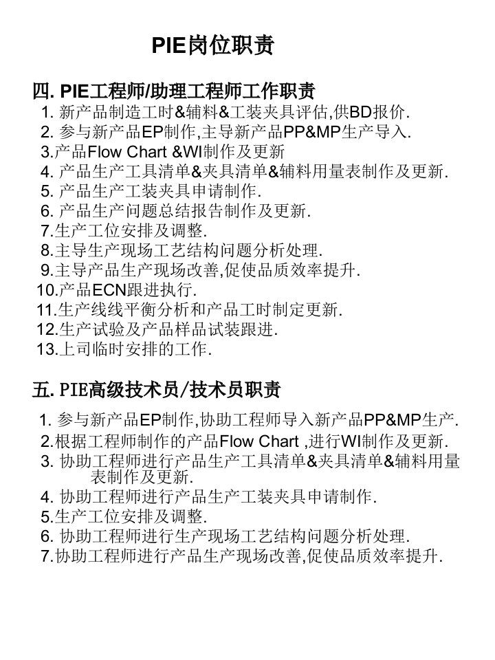 PIE工程师工作职责2013新编解析