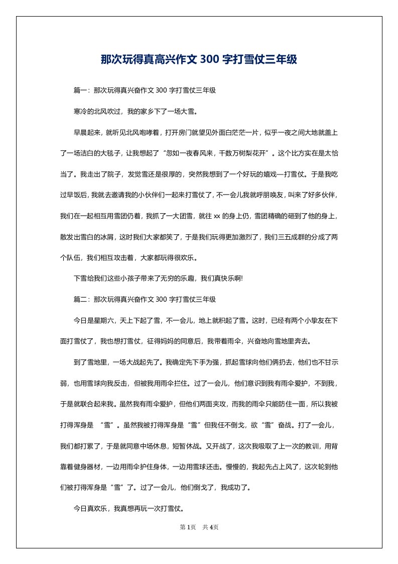 那次玩得真高兴作文300字打雪仗三年级