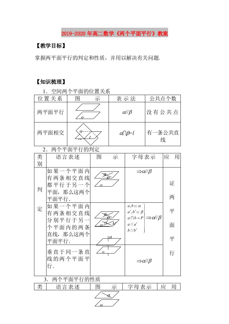 2019-2020年高二数学《两个平面平行》教案