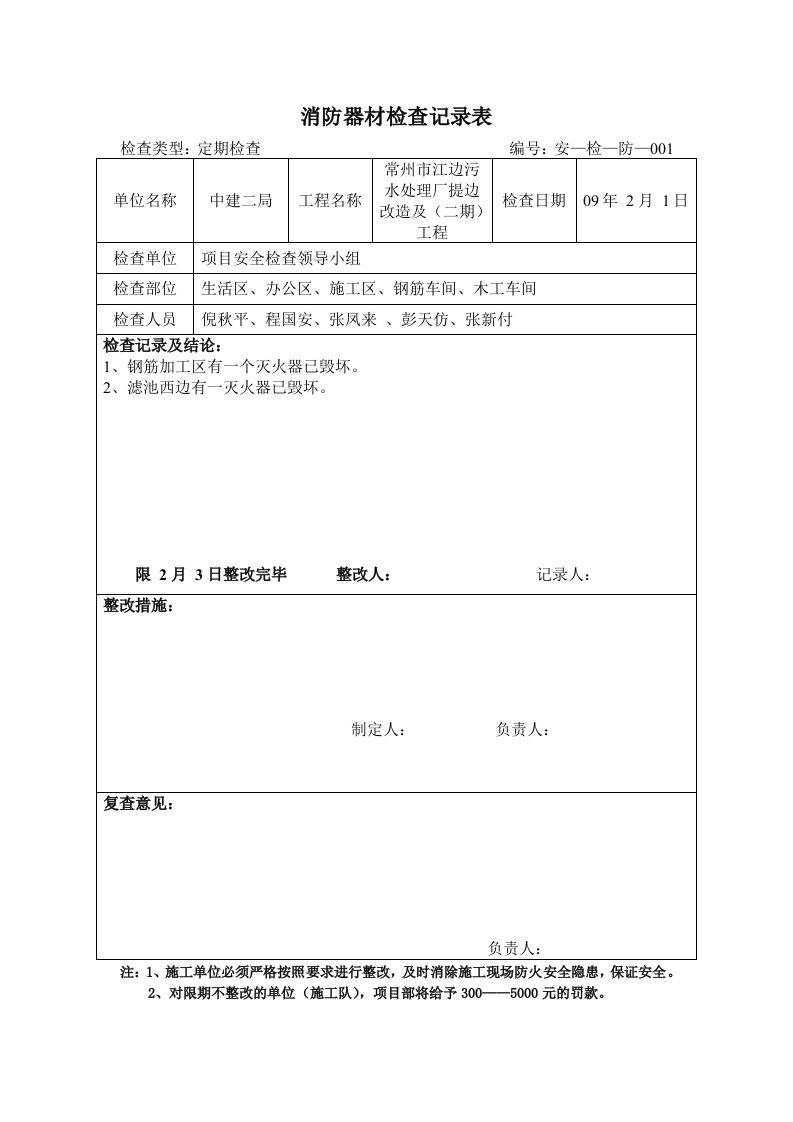 消防器材检查记录表3-6