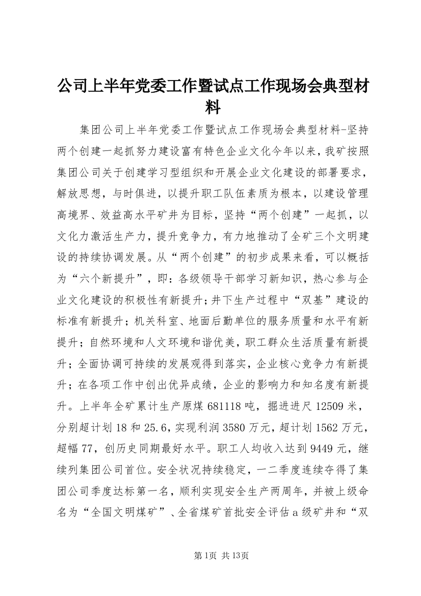 公司上半年党委工作暨试点工作现场会典型材料