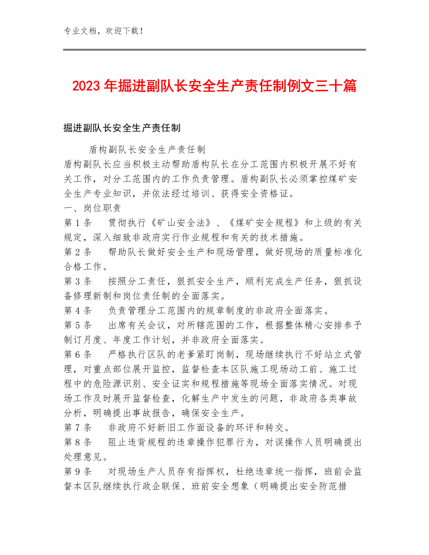 2023年掘进副队长安全生产责任制例文三十篇