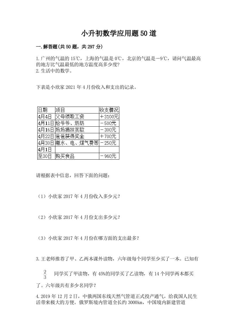 小升初数学应用题50道附参考答案（名师推荐）