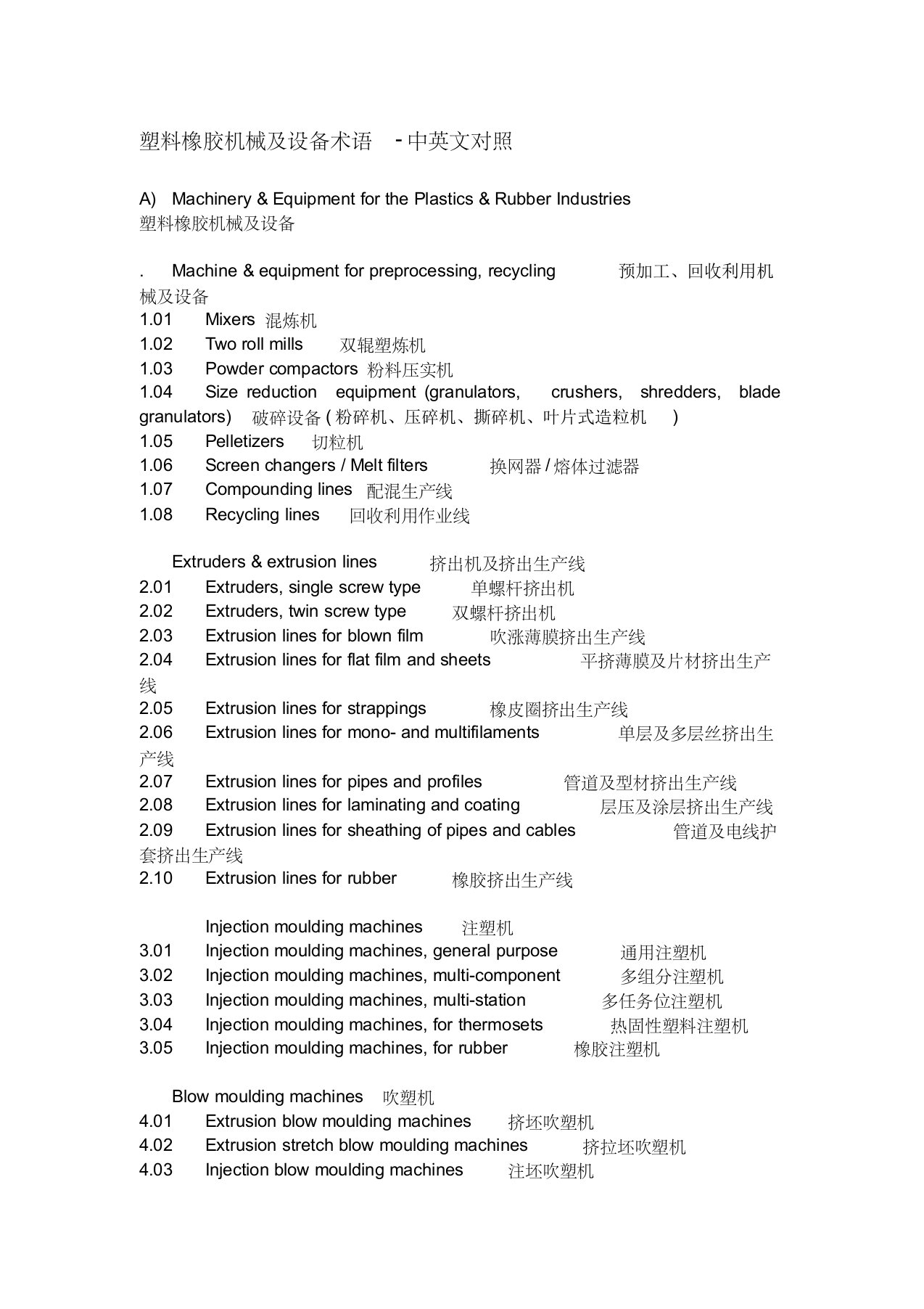 塑料橡胶机械及设备术语-中英文对照