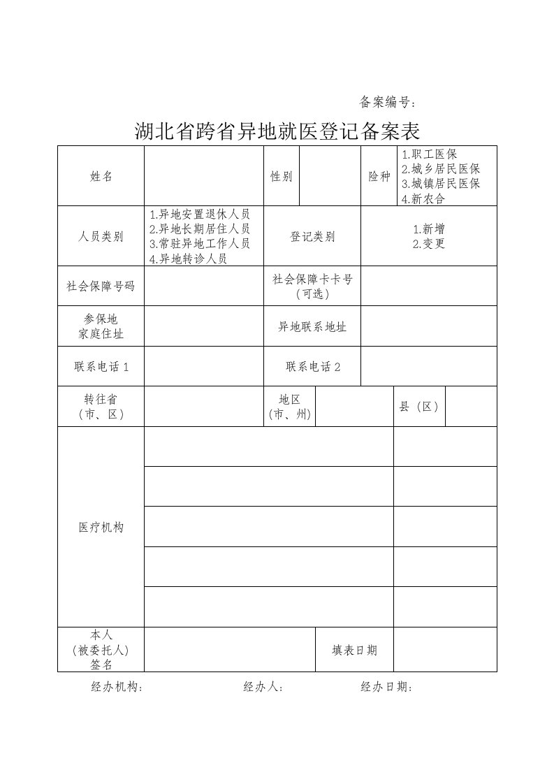 湖北省跨省异地就医登记备案表