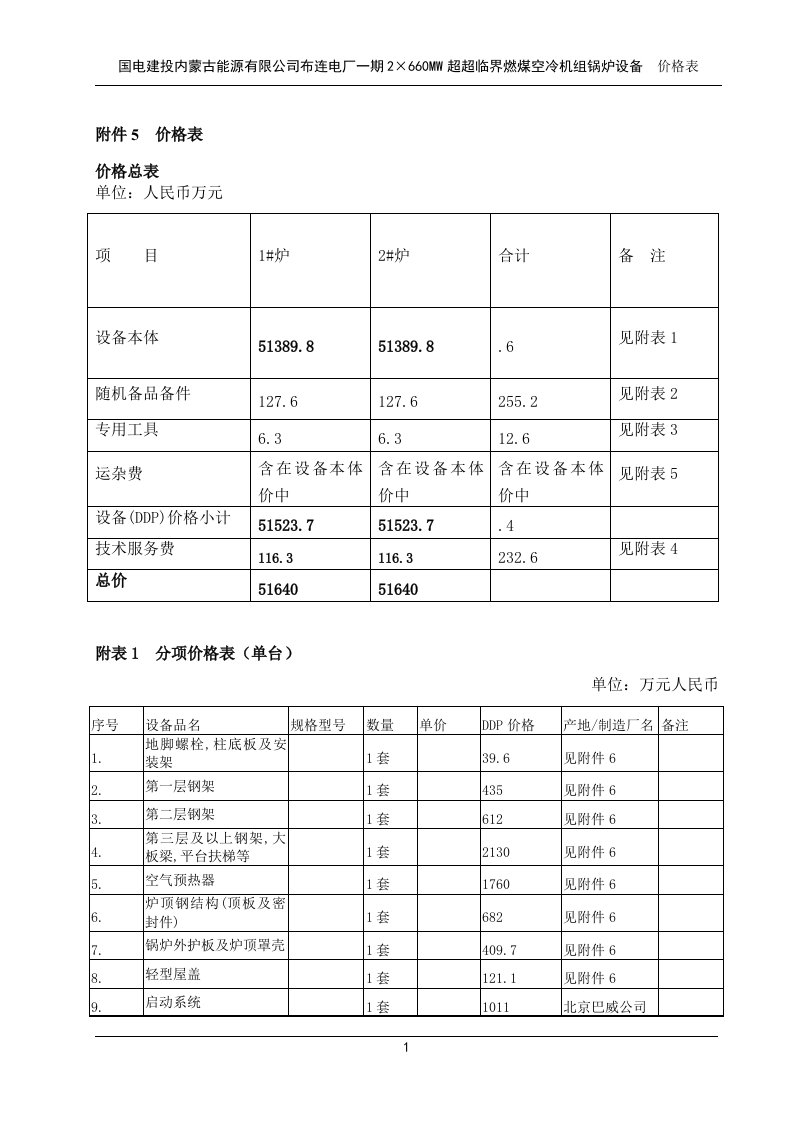 超超临界燃煤空冷机组锅炉设备价格表