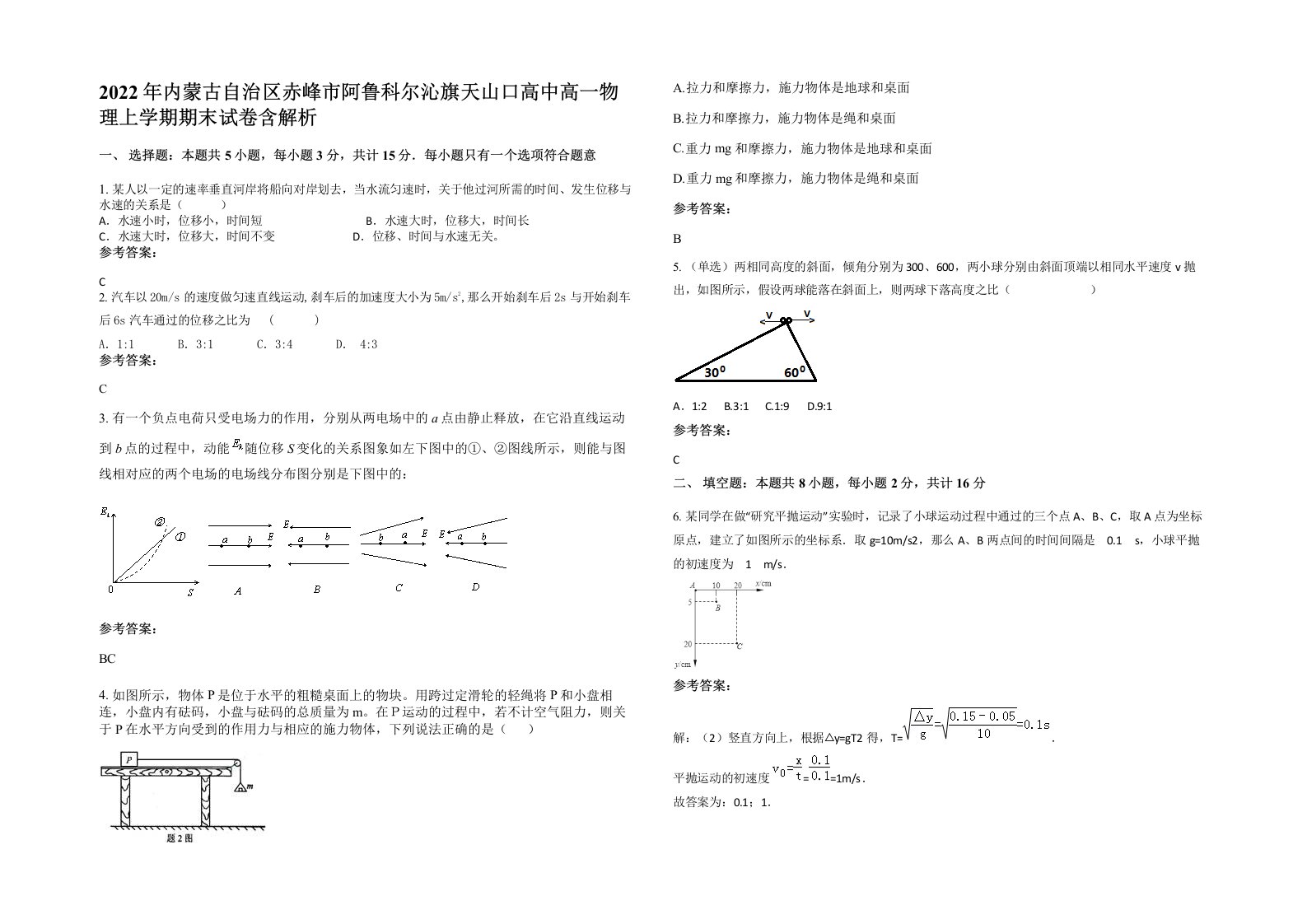 2022年内蒙古自治区赤峰市阿鲁科尔沁旗天山口高中高一物理上学期期末试卷含解析