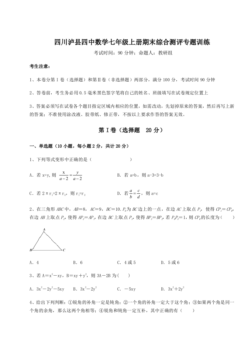 小卷练透四川泸县四中数学七年级上册期末综合测评专题训练试题（含详解）