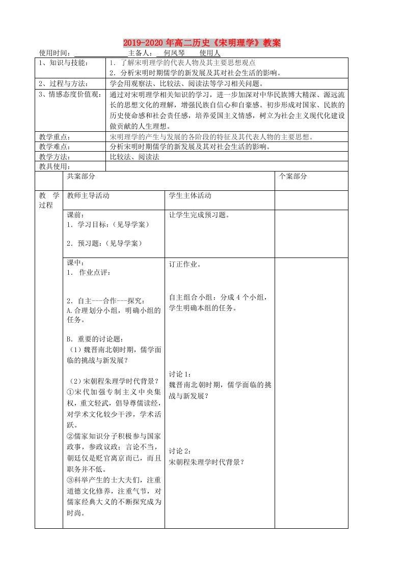 2019-2020年高二历史《宋明理学》教案