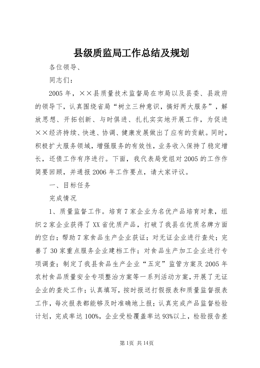 县级质监局工作总结及规划