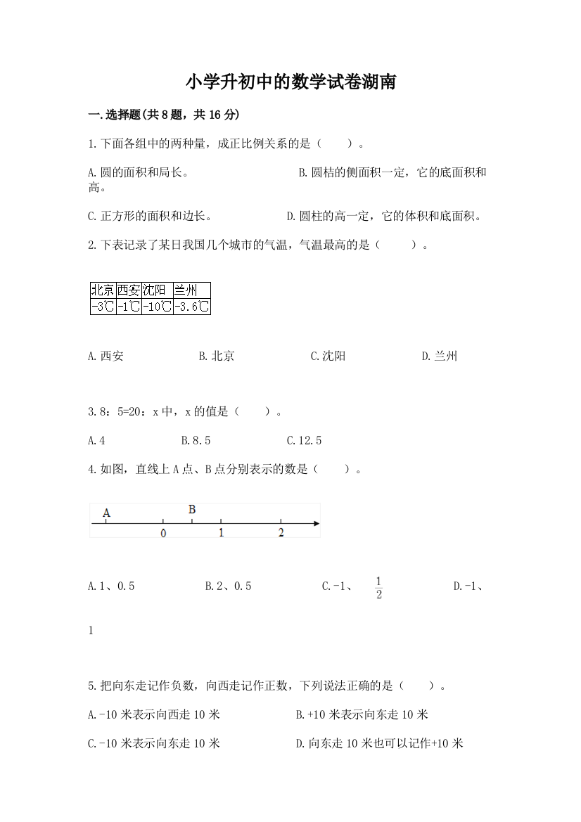 小学升初中的数学试卷湖南（易错题）word版