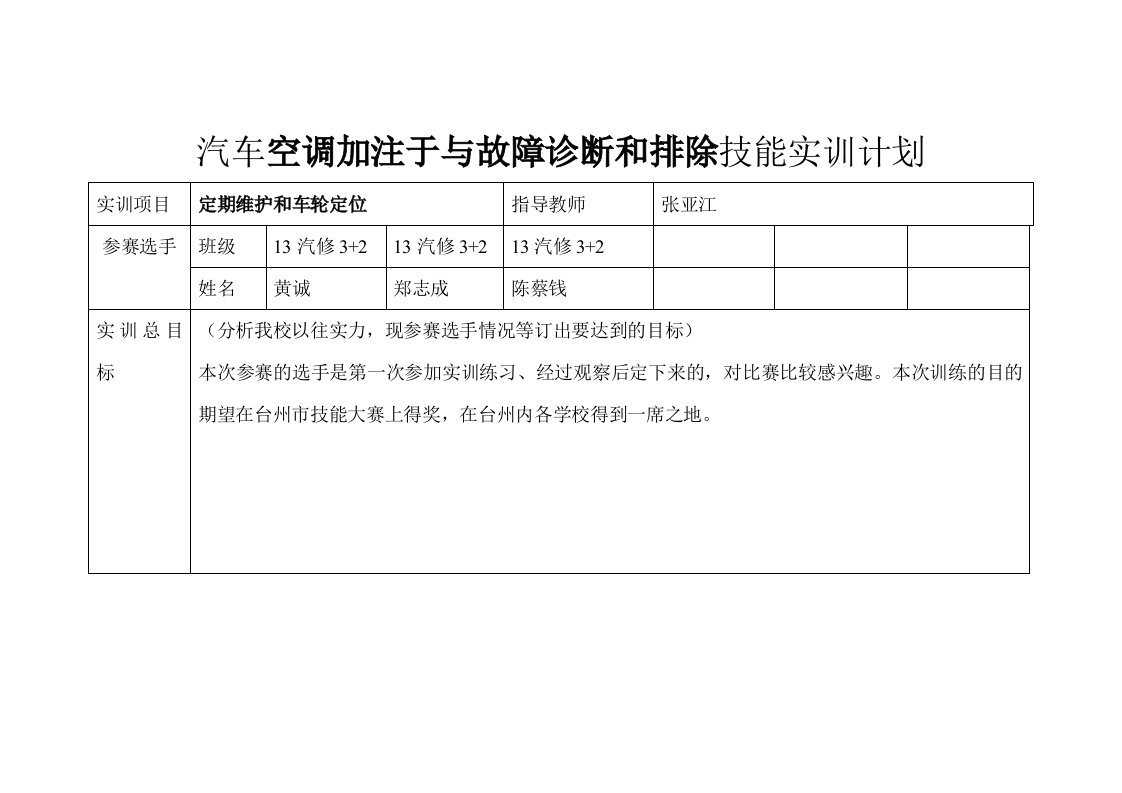 汽车空调实训计划