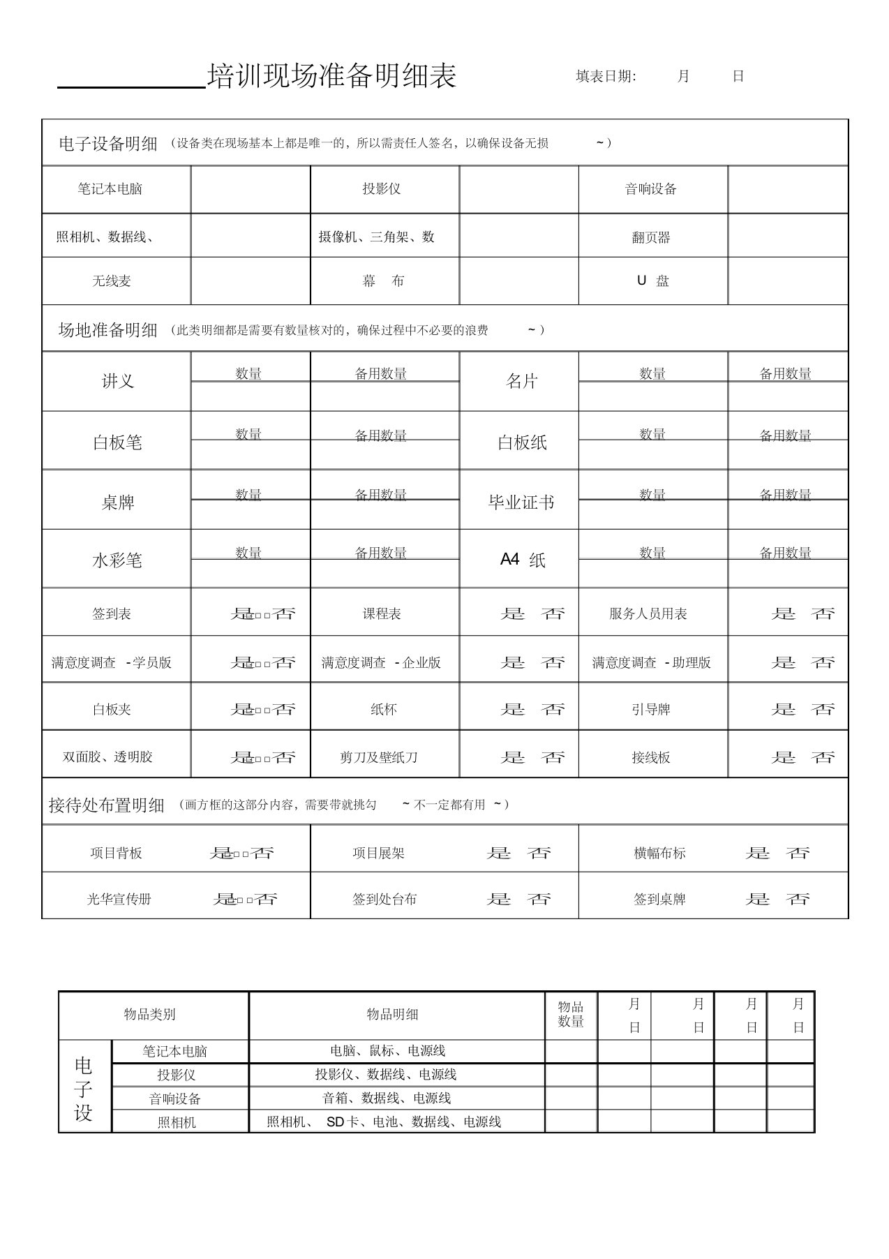 会议培训现场物料明细单