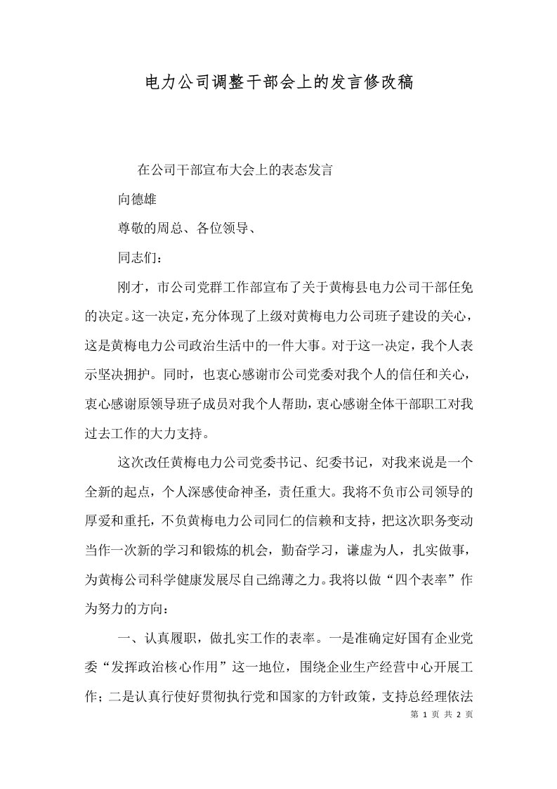 电力公司调整干部会上的发言修改稿（二）