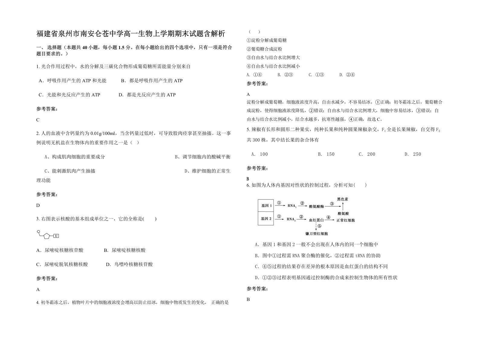 福建省泉州市南安仑苍中学高一生物上学期期末试题含解析