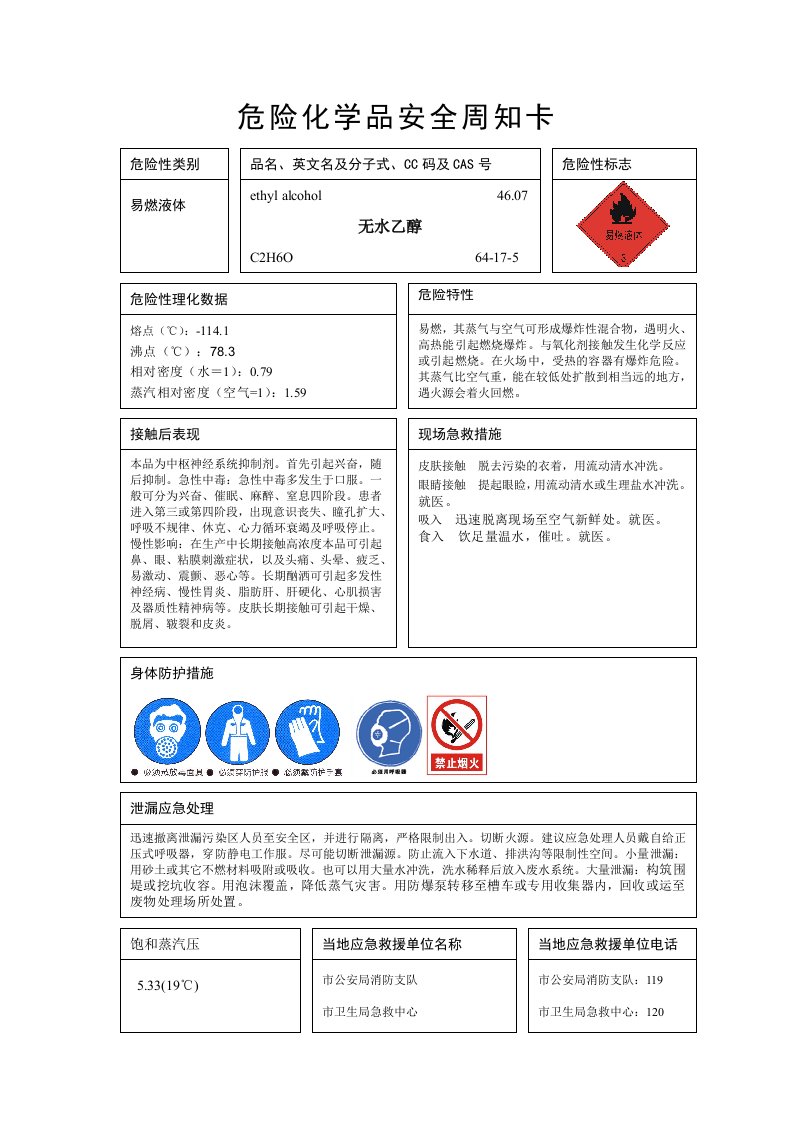 无水乙醇安全周知卡